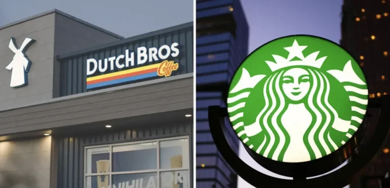 two images side by side, left image of a dutch bros coffee location and right side of a starbucks sign